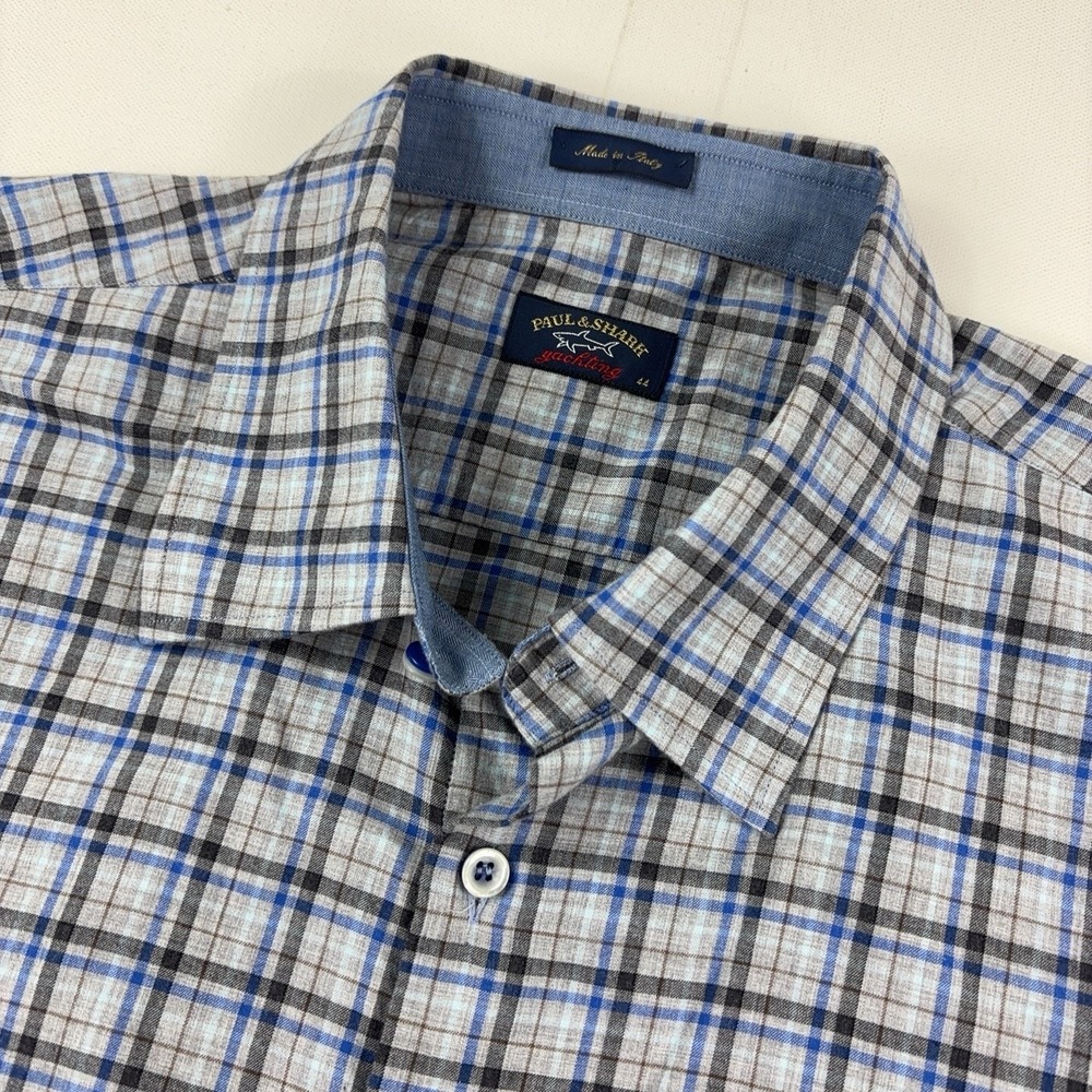 Paul & Shark Shirt Mens XL Blue Plaid Long Sleeve Button Up Cotton Italy Casual